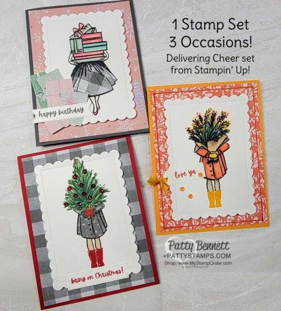 Delivering Cheer stamp set colored with Stampin' Blends markers - make cards for 3 occasions: Birthday, Fall, and Christmas! by Patty Bennett www.PattyStamps.com