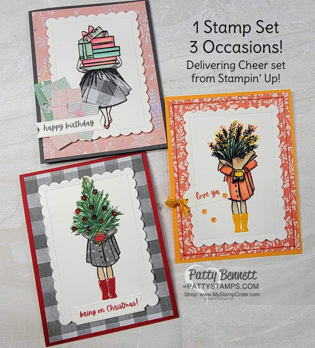 Delivering Cheer stamp set colored with Stampin' Blends markers - make cards for 3 occasions: Birthday, Fall, and Christmas! by Patty Bennett www.PattyStamps.com