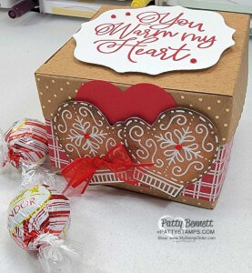 You Warm My Heart: Scalloped Kraft Treat Boxes from Stampin' Up! perfect for Christmas Gift Giving. Decorate with Gingerbread & Peppermint designer paper, fill with candy. www.PattyStamps.com