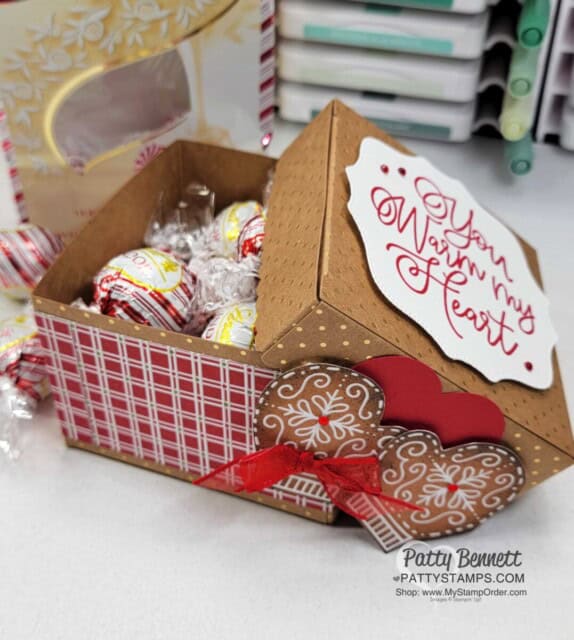 Scalloped Kraft Treat Boxes from Stampin' Up! perfect for Christmas Gift Giving. Decorate with Gingerbread & Peppermint designer paper, fill with candy. www.PattyStamps.com