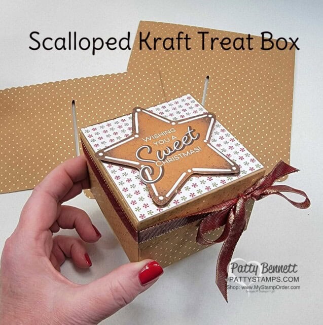 Scalloped Kraft Treat Box with Memories & More  Gingerbread and Peppermint suite crafting supplies from Stampin' UP!. Great for Christmas gift giving! www.PattyStamps.com