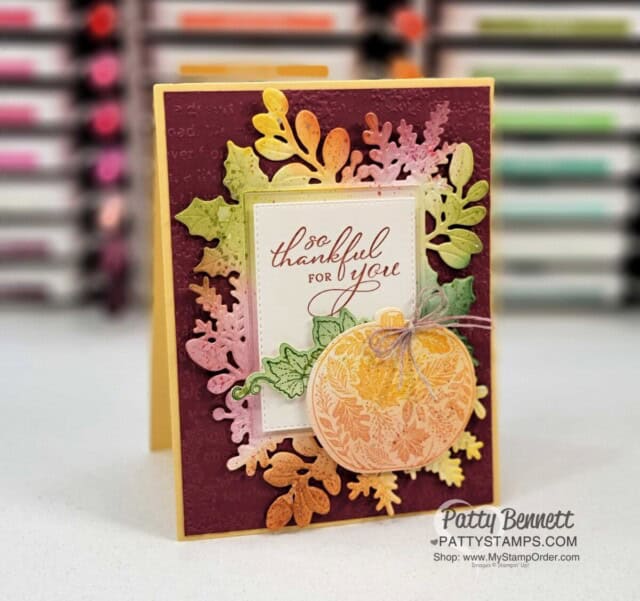 Fall / Thanksgiving card idea with Stampin' Up! Blending Brushes, Merriest Frames Hybrid Embossing folder and Pretty Pumpkins bundle. Video Tutorial by Patty Bennett www.PatttyStamps.com