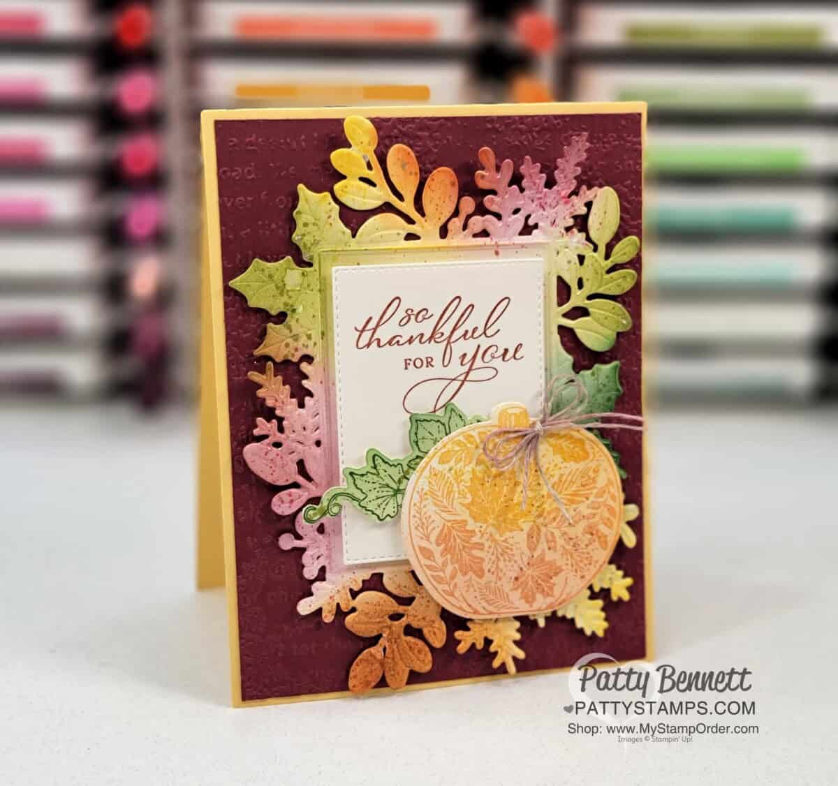 Fall / Thanksgiving card idea with Stampin' Up! Blending Brushes, Merriest Frames Hybrid Embossing folder and Pretty Pumpkins bundle. Video Tutorial by Patty Bennett www.PatttyStamps.com