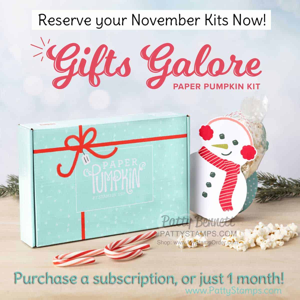 Stampin' Up! Paper Pumpkin kit for Nov. 2021 - Gifts Galore. Make 9 treats: Snowman, Tree and Presents treat packages in this crafting kit! www.PattyStamps.com
