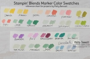 Stampin' Blends Marker coloring tip: swatch your colors first on Basic White cardstock to ensure the colors coordinate well for your papercrafting project! by Patty Bennett www.pattystamps.com