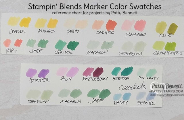 Stampin' Blends Marker coloring tip: swatch your colors first on Basic White cardstock to ensure the colors coordinate well for your papercrafting project! by Patty Bennett www.pattystamps.com