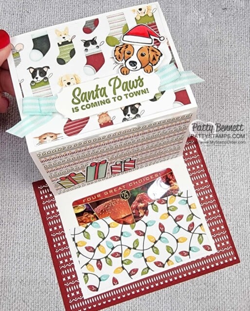 Cute Gift Card Holder idea perfect for pet lovers featuring Stampin' Up! Sweet Stockings designer paper and Sweet Little Stockings stamp set and die bundle. www.PattyStamps.com