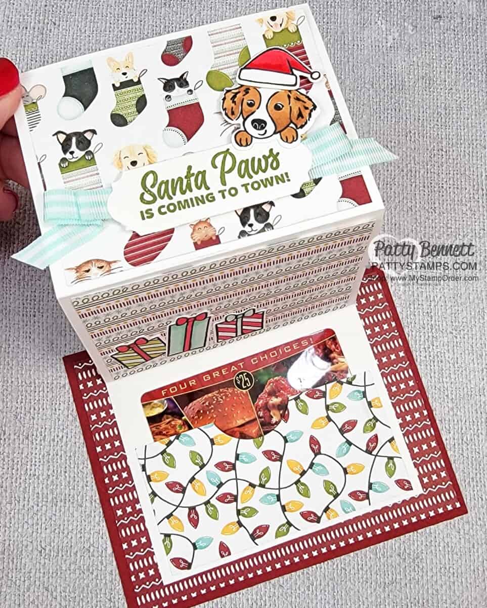 Cute Gift Card Holder idea perfect for pet lovers featuring Stampin' Up! Sweet Stockings designer paper and Sweet Little Stockings stamp set and die bundle. www.PattyStamps.com