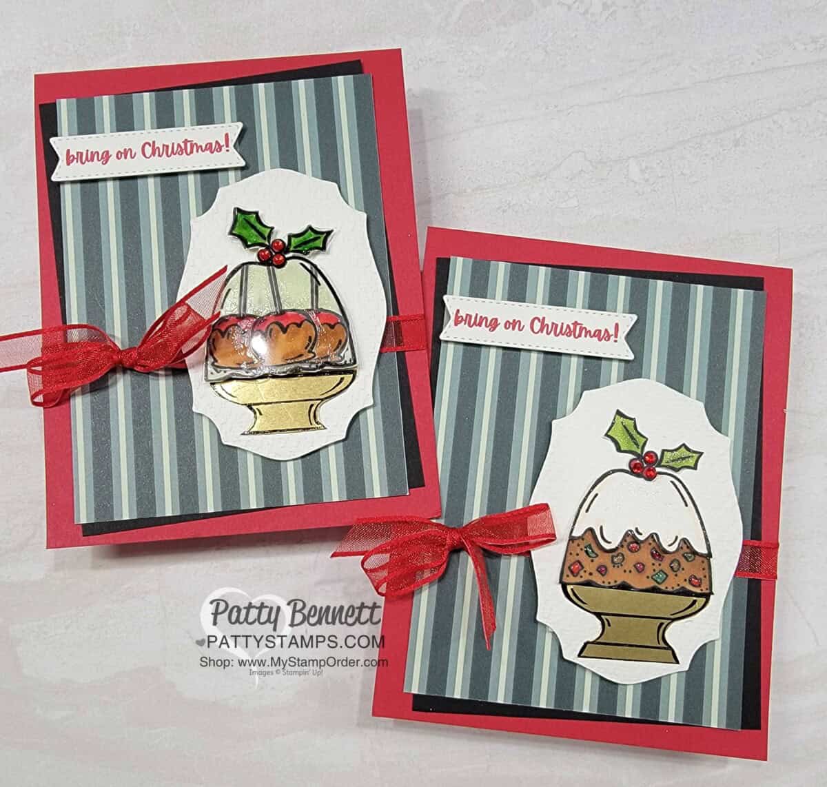 Stampin' UP! Sweets & Treats Christmas Card ideas featuring fruitcake and caramel apples! Colored with Stampin' Blends markers. www.PattyStamps.com