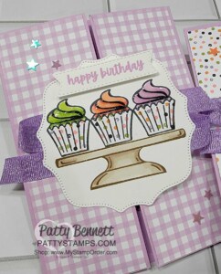 Stampin' UP! Sweets & Treats stamp set birthday card ideas featuring cupcakes colored with Stampin' Blends markers. Paper Piecing for cupcake liners. And add Shimmery Crystal Effects to the frosting!