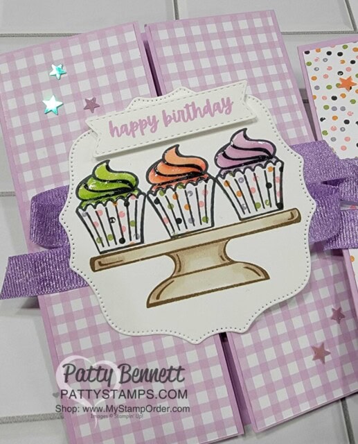 Stampin' UP! Sweets & Treats stamp set birthday card ideas featuring cupcakes colored with Stampin' Blends markers. Paper Piecing for cupcake liners. And add Shimmery Crystal Effects to the frosting!