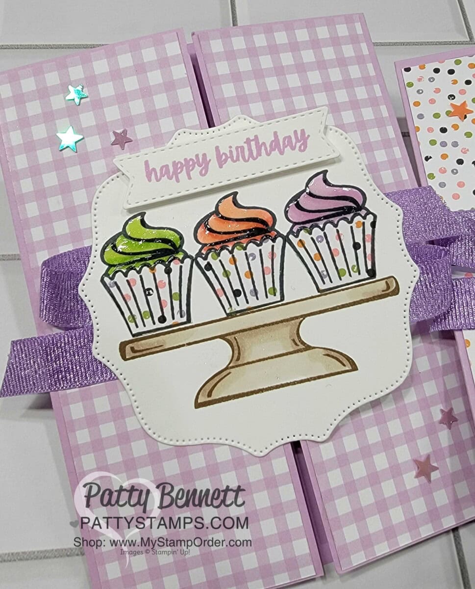 Stampin' UP! Sweets & Treats stamp set birthday card ideas featuring cupcakes colored with Stampin' Blends markers. Paper Piecing for cupcake liners. And add Shimmery Crystal Effects to the frosting!