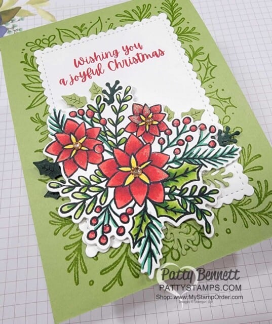 Stampin' Up! Christmas Card idea: Use Stampin' Blends with the Words of Cheer set and Festive Foliage background stamp to make Christmas Cards, by Patty Bennett. www.PattyStamps.com