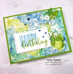 Alcohol ink background with vellum and Stampin' Blends markers! Birthday Card featuring Hand-Penned dies and Biggest Wish stamp set by Patty Bennett
