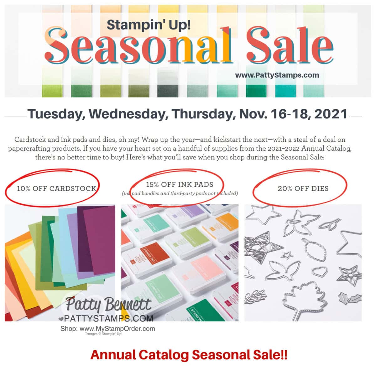 Stampin' UP! annual catalog seasonal sale. Save on cardstock, ink and dies. www.PattyStamps.com