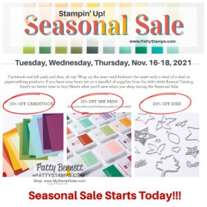 Starts today! Stampin' UP! annual catalog seasonal sale. Save on cardstock, ink and dies. www.PattyStamps.com