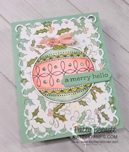 Stampin' UP! Bright Baubles stamp set - make a vintage feel Christmas Ornament card with Stampin' Blends and Whimsy & Wonder paper, by Patty Bennett www.PattyStamps.com