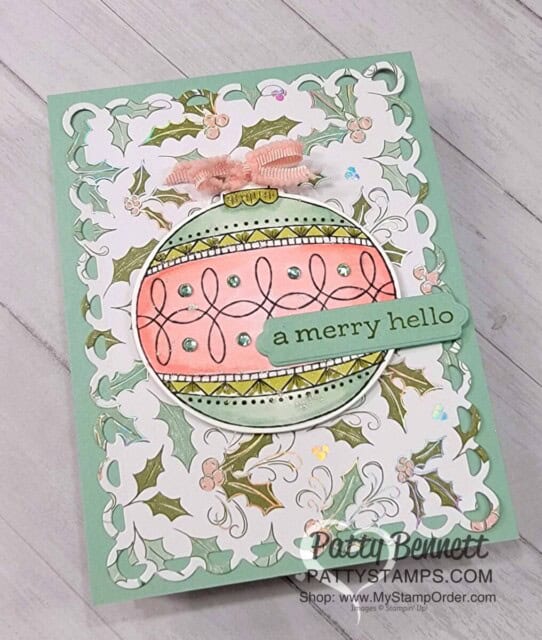 Stampin' UP! Bright Baubles stamp set - make a vintage feel Christmas Ornament card with Stampin' Blends and Whimsy & Wonder paper, by Patty Bennett www.PattyStamps.com