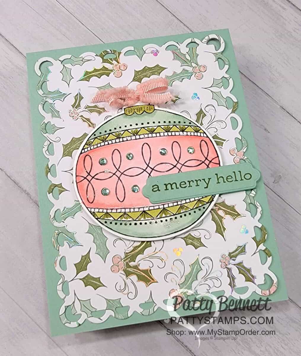 Stampin' UP! Bright Baubles stamp set - make a vintage feel Christmas Ornament card with Stampin' Blends and Whimsy & Wonder paper, by Patty Bennett www.PattyStamps.com