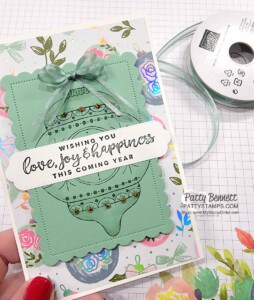 Soft Succulent Christmas Card idea featuring STampin' Up! Bright Baubles bundle and Whimsy & Wonder paper. by Patty Bennett