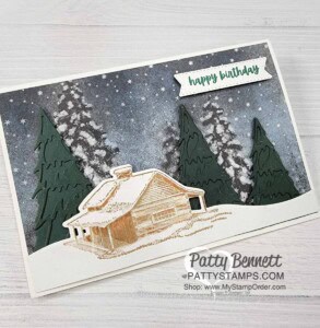 Peaceful Cabin Card Making Tip; add the Christmas Trees dies in the background!! card by Patty Bennett