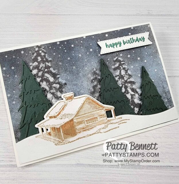 Peaceful Cabin Card Making Tip; add the Christmas Trees dies in the background!! card by Patty Bennett