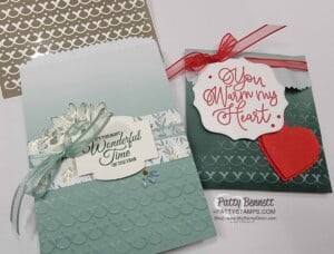 Use the Adorning Designs masks from Stampin' Up! with White Craft Ink on Ombre bags to create a shadow effect! Great Christmas gift packaging idea!