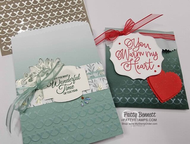 Use the Adorning Designs masks from Stampin' Up! with White Craft Ink on Ombre bags to create a shadow effect! Great Christmas gift packaging idea!