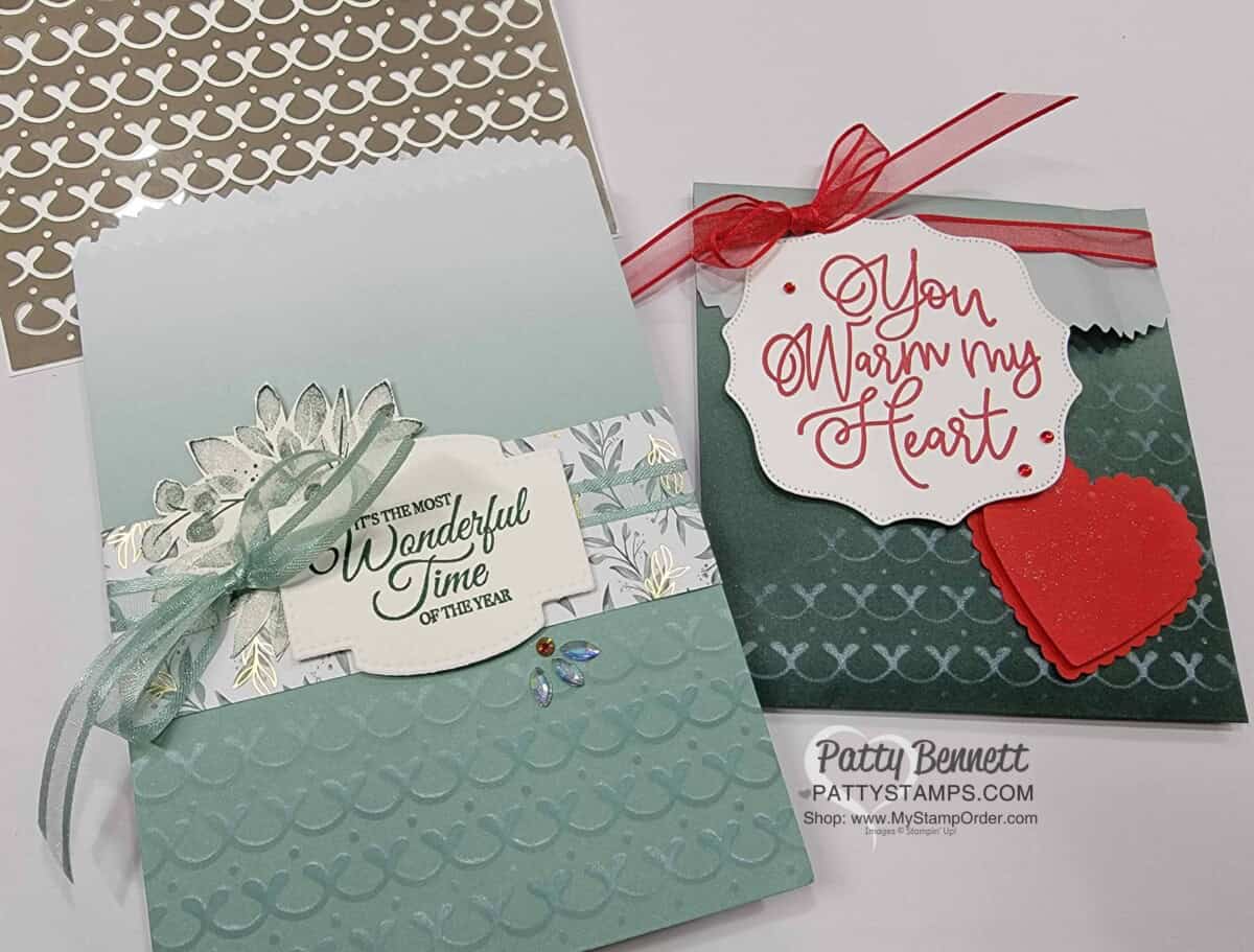 Use the Adorning Designs masks from Stampin' Up! with White Craft Ink on Ombre bags to create a shadow effect! Great Christmas gift packaging idea!