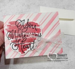 Adorning Designs decorative masks from Stampin Up! creates a cute candy cane note card for Christmas. www.pattystamps.com