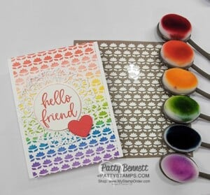 Create a rainbow card with Stampin' Up! Blending Brushes and the Plenty of Patterns masks. by Patty Bennett