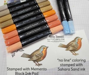 Stampin' UP! Happy Holly Days stamp set bird colored with Stampin' Blends alcohol markers, with Memento black ink and no line coloring with Sahara Sand. www.PattyStamps.com