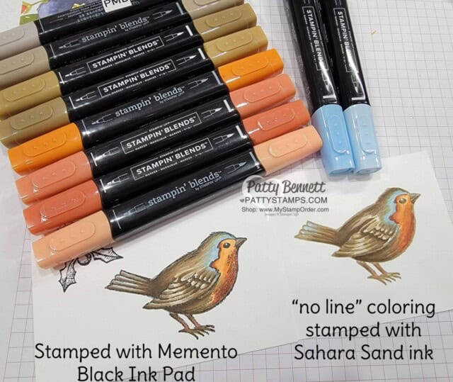 Stampin' UP! Happy Holly Days stamp set bird colored with Stampin' Blends alcohol markers, with Memento black ink and no line coloring with Sahara Sand. www.PattyStamps.com