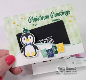 Penguin Place Punch Christmas Gift Card holder idea featuring Stampin' Up! papercrafting products. www.PattyStamps.com