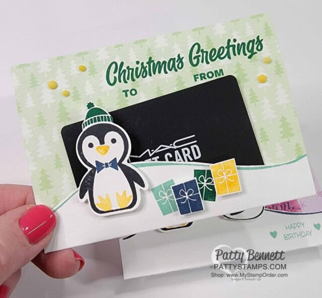Penguin Place Punch Christmas Gift Card holder idea featuring Stampin' Up! papercrafting products. www.PattyStamps.com
