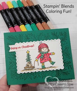 Color the Seasons of Fun stamp set image with Stampin' Blends and create a cute Christmas Card with Festive Foliage background! www.PattyStamps.com