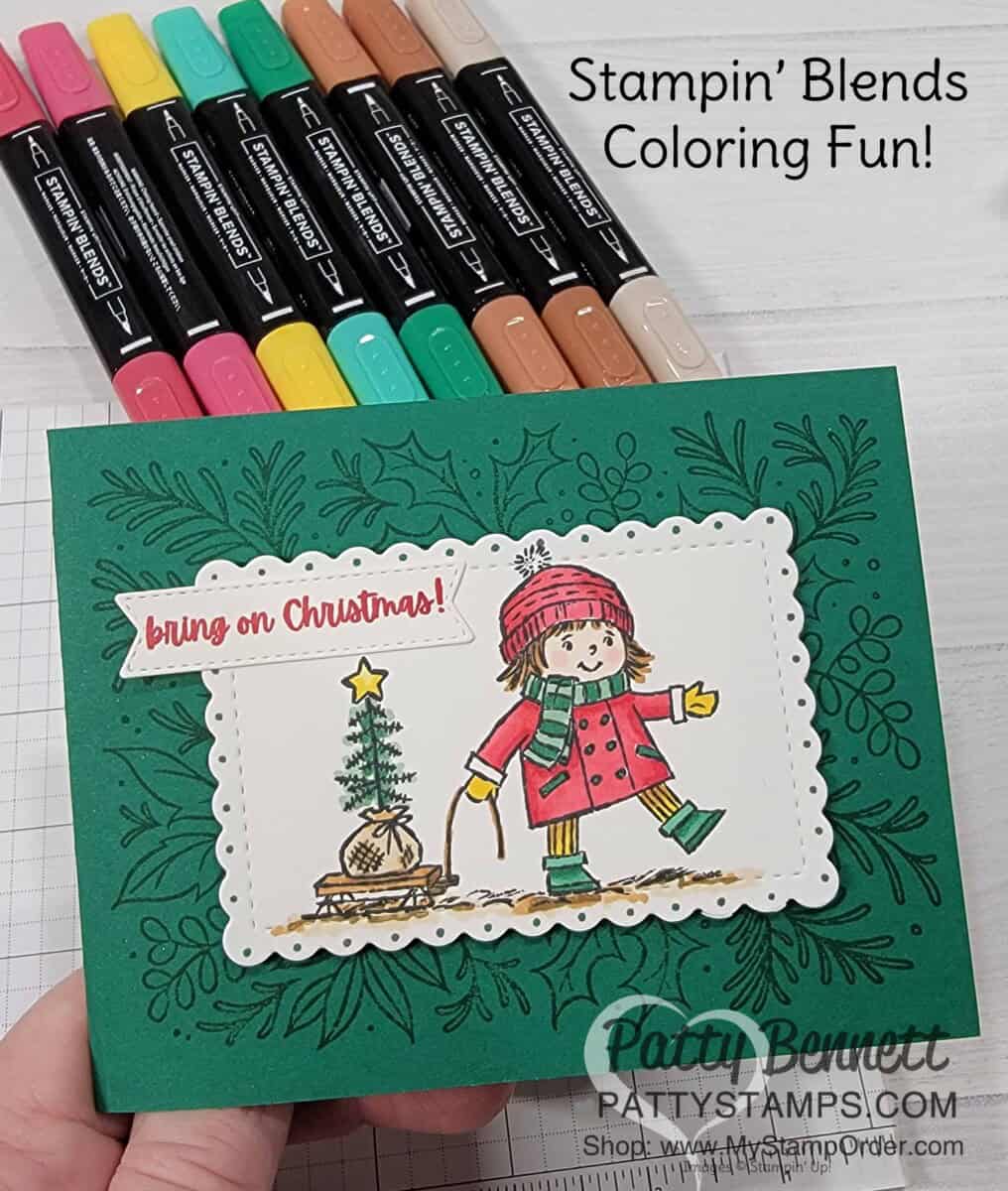 Color the Seasons of Fun stamp set image with Stampin' Blends and create a cute Christmas Card with Festive Foliage background! www.PattyStamps.com