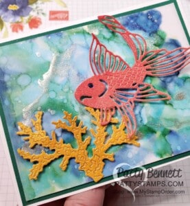 Sealife Dies Card idea featuring Stampin' Up! Rainbow Glimmer paper and alcohol ink background technique with Stampin' Blends markers. www.PattyStamps.com