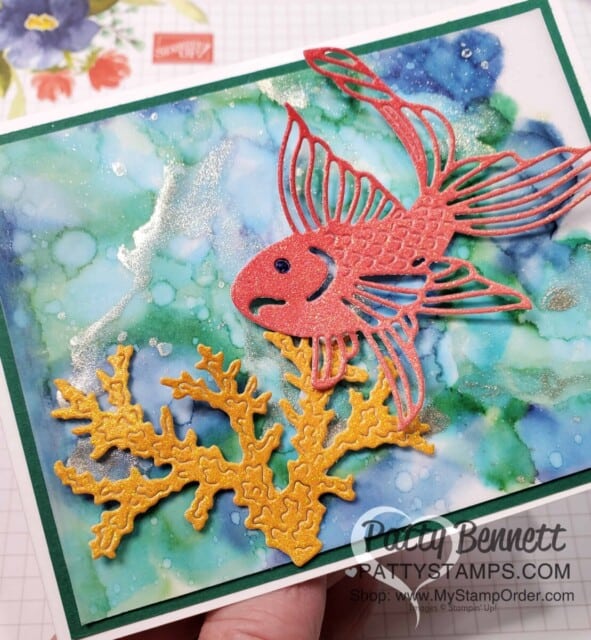 Sealife Dies Card idea featuring Stampin' Up! Rainbow Glimmer paper and alcohol ink background technique with Stampin' Blends markers. www.PattyStamps.com