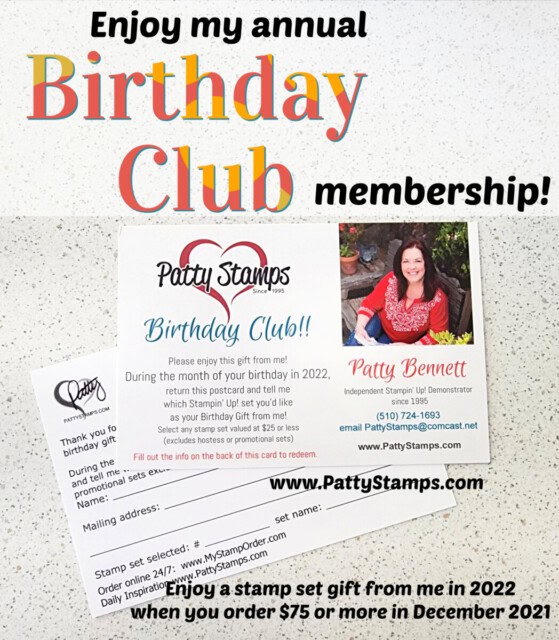 Stampin Up! Free Stamp Set Birthday Club from Patty Bennett at pattystamps.com 2022