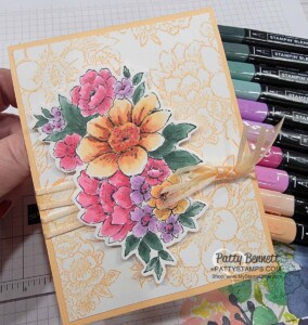 Blessings of Home bundle card with simply Pale Papaya floral background. Coloring with Stampin' Blends markers. Stampin' Up! card idea by Patty Bennett