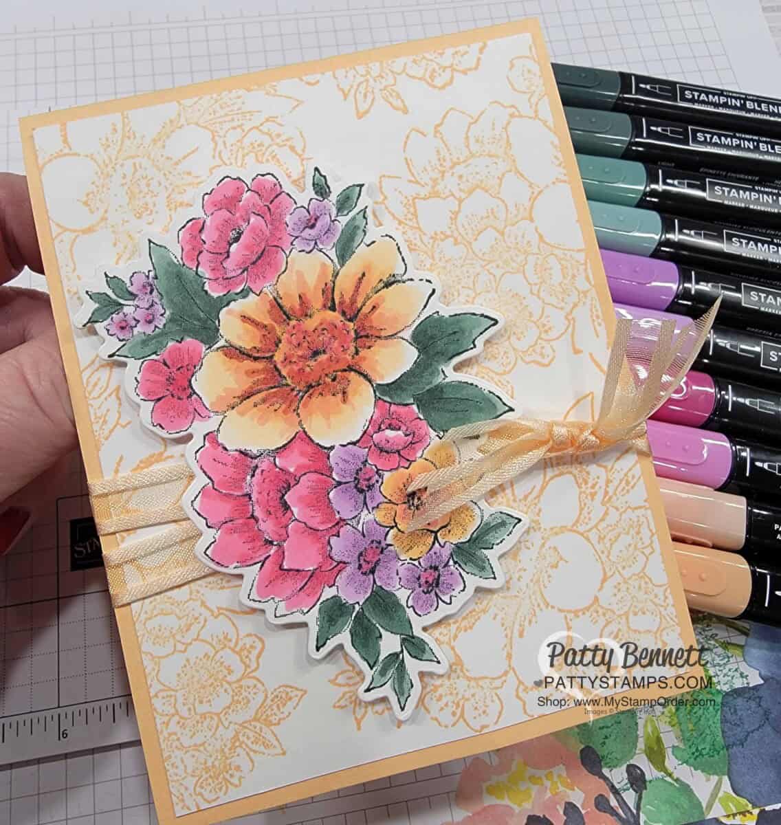Blessings of Home bundle card with simply Pale Papaya floral background. Coloring with Stampin' Blends markers. Stampin' Up! card idea by Patty Bennett