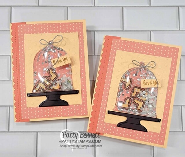 Shaker card idea featuring Stampin' Up! Cloche dome dies and Sweets & Treats heart shaker bits!