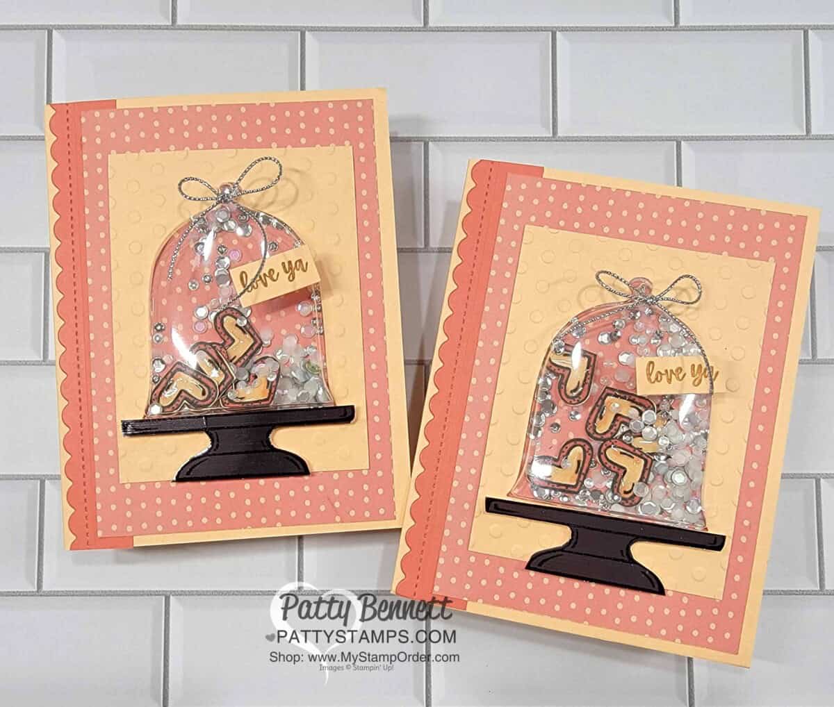 Shaker card idea featuring Stampin' Up! Cloche dome dies and Sweets & Treats heart shaker bits!