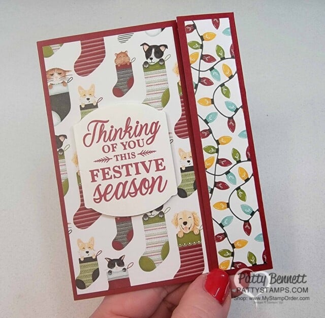 Fun Fold Christmas Card idea with Stampin' Up! card making supplies. Sweet Stockings designer paper, by Patty Bennett.