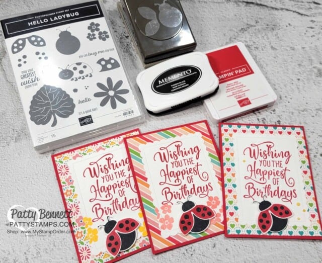 Hello Ladybug birthday card idea featuring ladybug punch and Happiest of Birthdays set. by Patty Bennett