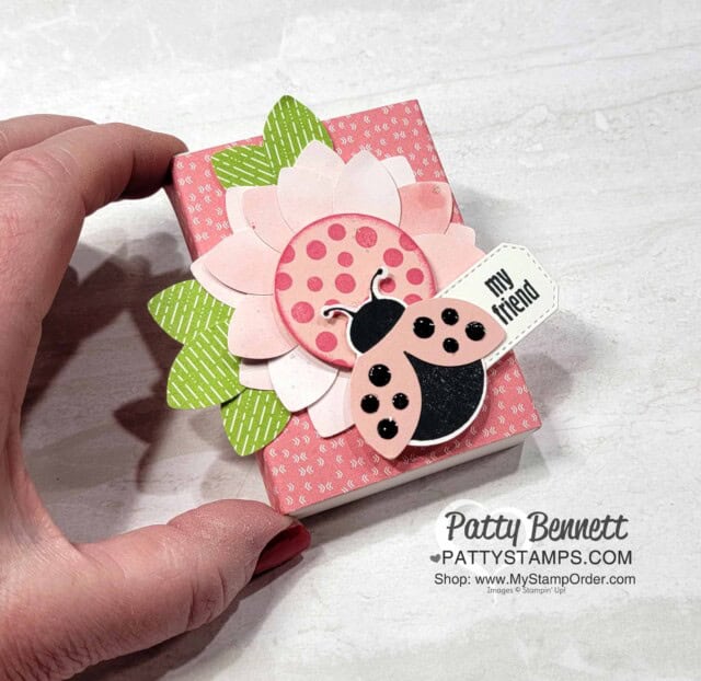 Little Treat Box from Stampin' UP! featuring the Hello Ladybug bundle, and Sunshine & Rainbows Sale-a-Bration paper! By Patty Bennett for the Luv 2 Stamp Group January 2022 event.