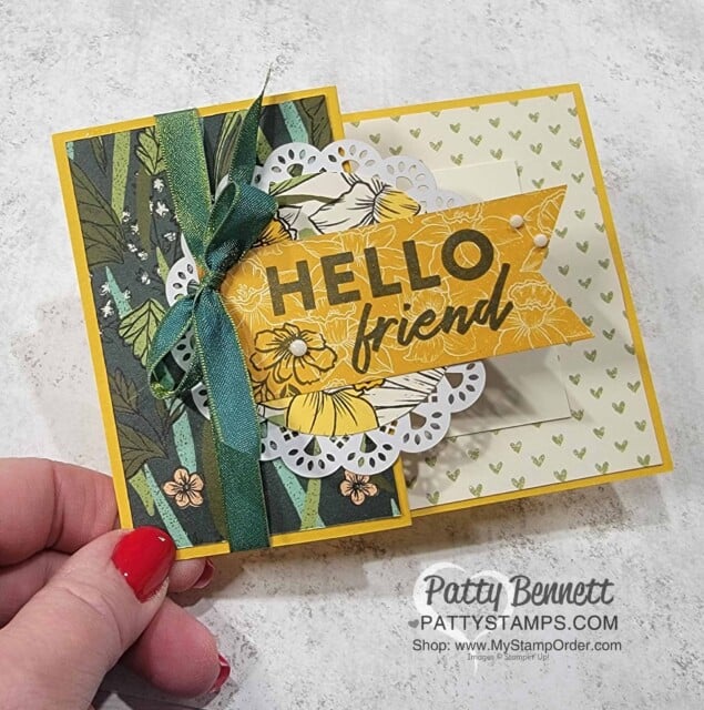 Z Fold card with the Stampin' UP! Sale-a-Bration Daffodil Afternoon designer paper and Friendly Hello stamp set, www.PattyStamps.com