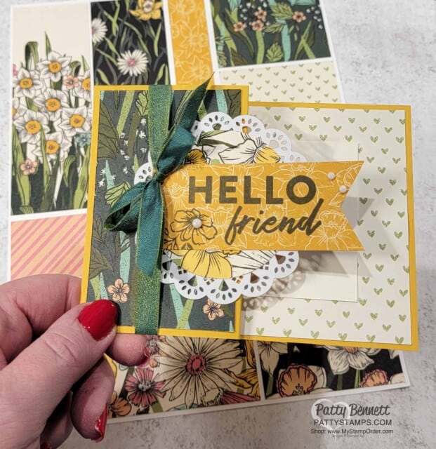 Z Fold card with the Stampin' UP! Sale-a-Bration Daffodil Afternoon designer paper  and Friendly Hello stamp set, www.PattyStamps.com