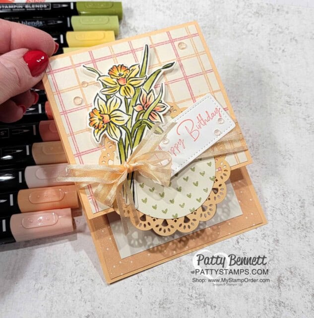 Daffodil Daydream Bundle from Stampin UP! fun fold card featuring Stampin' Blends and Daffodil Afternoon designer paper. by Patty Bennett